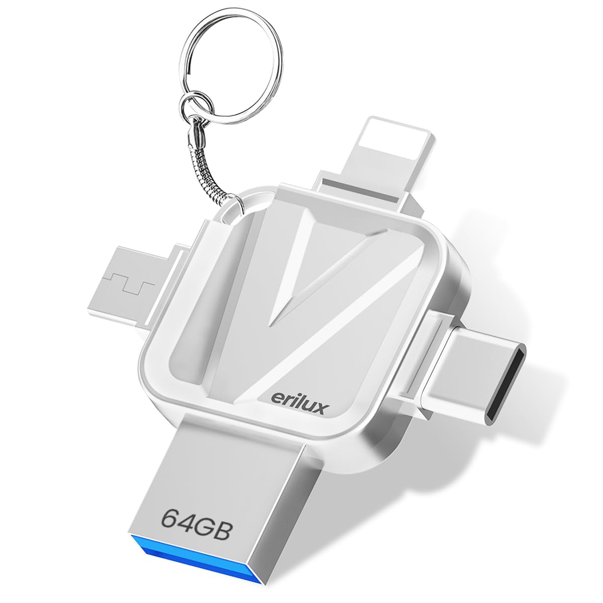 Verilux Pendrive 64GB 4 in 1 Flash Drive with Light-ning, Micro USB, USB A, Type-C Interface High Speed Mini Hangable 64 GB PenDrive for iOS & Android Compatible with iPhone, iPad, Android, PC Verilux Pendrive 64GB 4 in 1 Flash Drive with Light-ning, Micro USB, USB A, Type-C Interface High Speed Mini Hangable 64 GB PenDrive for iOS & Android Compatible with iPhone, iPad, Android, PC